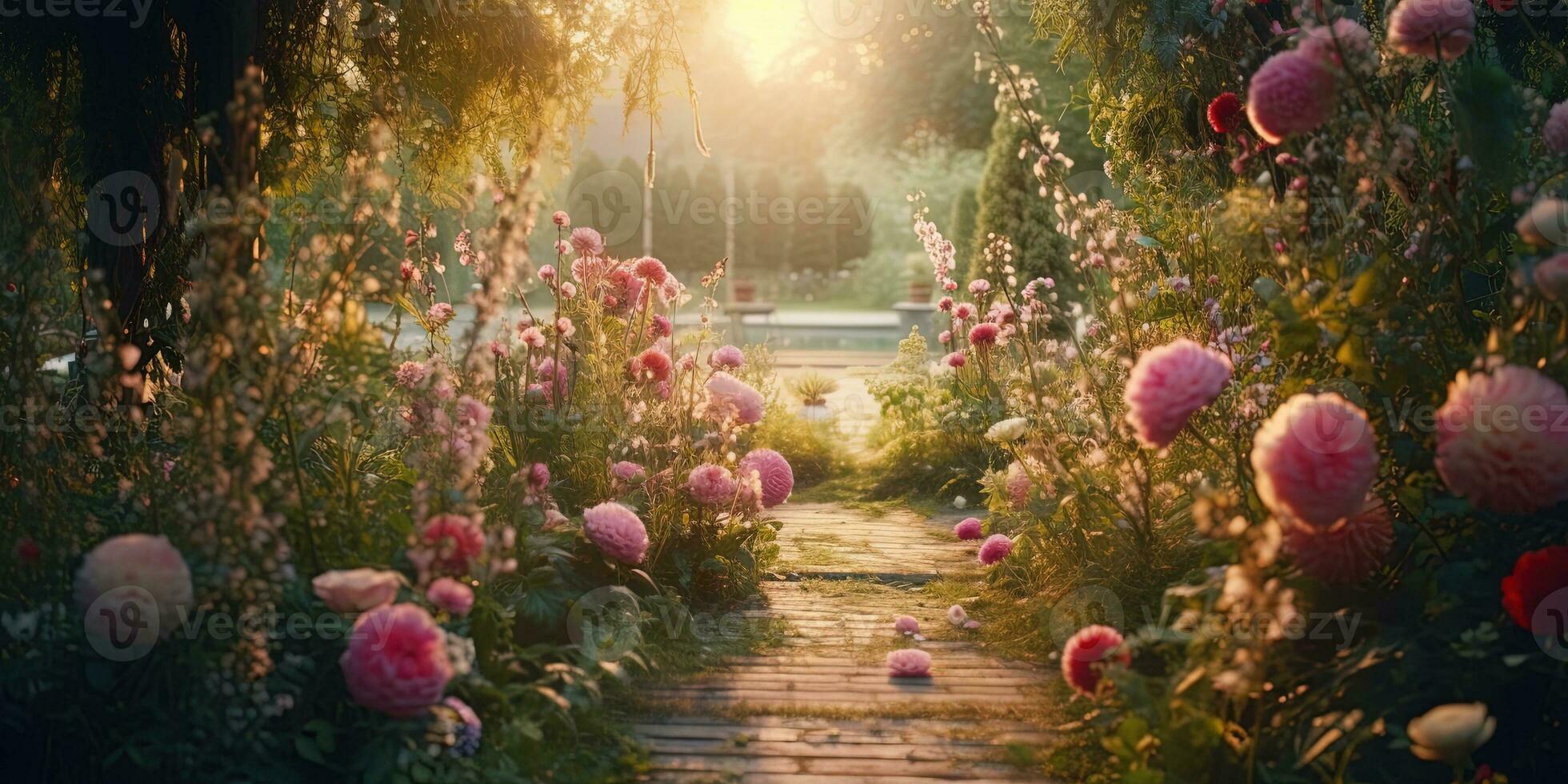 Generative AI, Beautiful summer private garden with many flowers and plants, nature landscape, english countryside cottage style photo