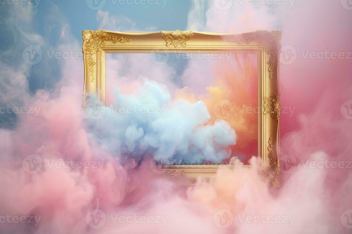 Generative AI, pastel light smoke around empty vintage beautiful frame. photo