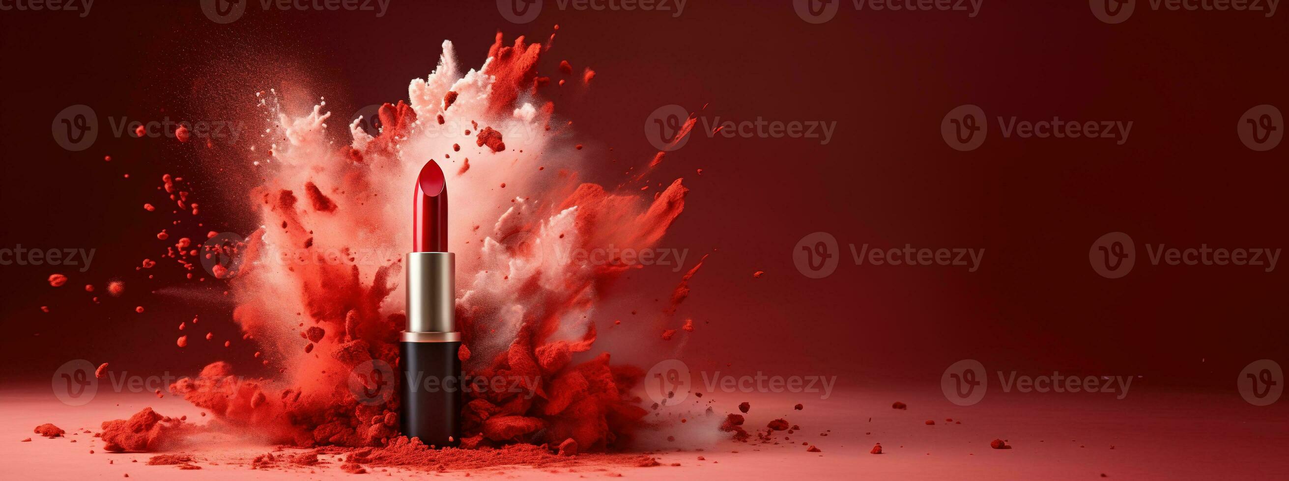 Generative AI, Red lipstick, powder splashes and smoke with copy space. photo