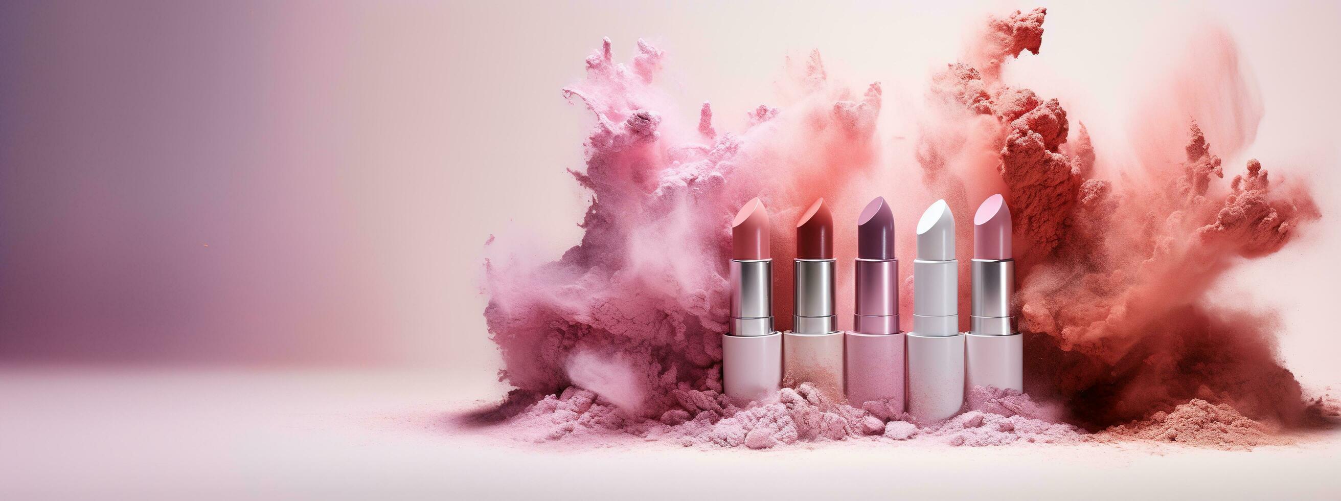 Generative AI, Nude beige color lipstick, beige and pink powder splashes and smoke with copy space. photo