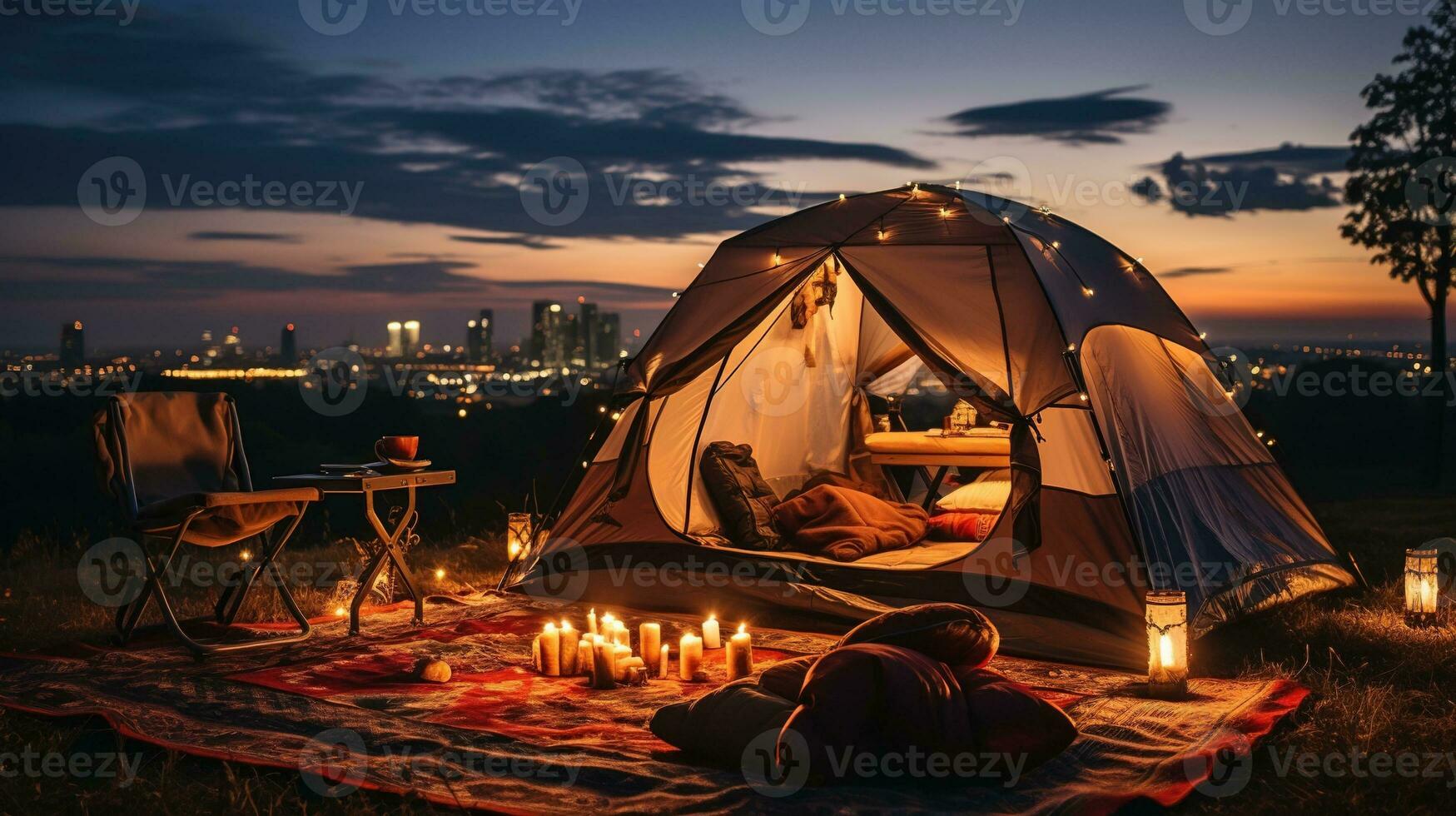 Generative AI, romantic camping with lantern lights, pillows, blanket. City view in the evening photo