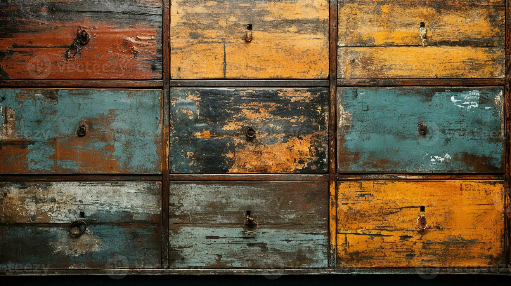 Generative AI, old dresser wooden texture. Blue, turquoise, yellow and orange colors. Vintage grunge background photo