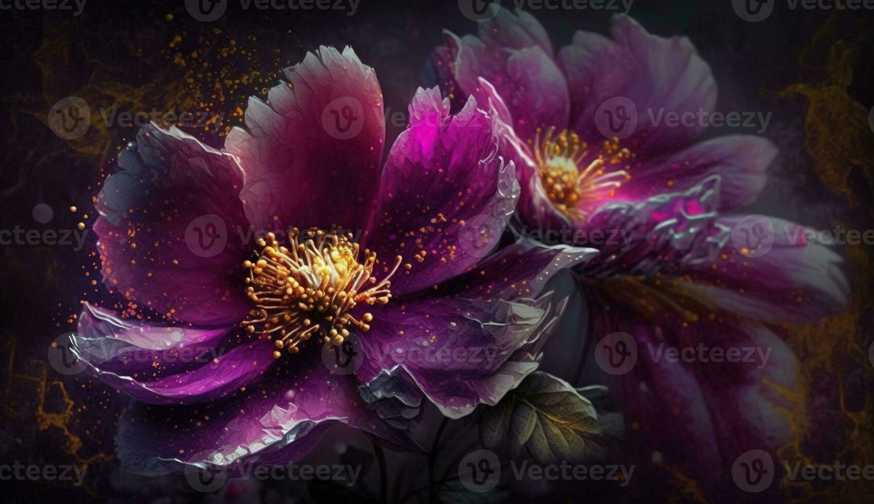 Generative AI, Close up of blooming flowerbeds of amazing viva magenta flowers on dark moody floral textured background with golden particles. Photorealistic paint effect. photo