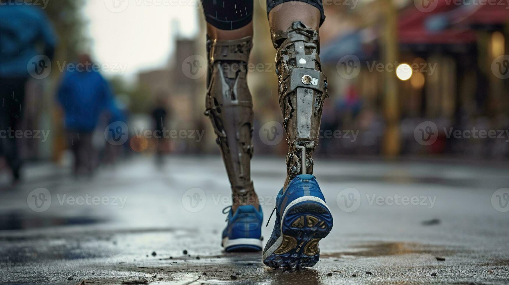 Generative AI, person with disability, prosthetic limb running and does not feel obstacles photo