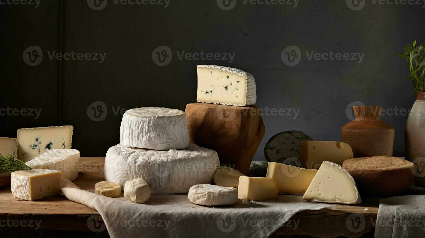Generative AI, Different types of cheese on the table, aesthetic muted neutral colors photo