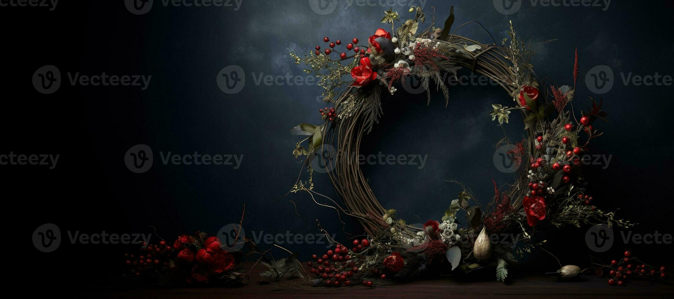 Generative AI, Close up Christmas wreath, dried branches, red berries, pine, balls and flowers on dark moody floral textured background. photo