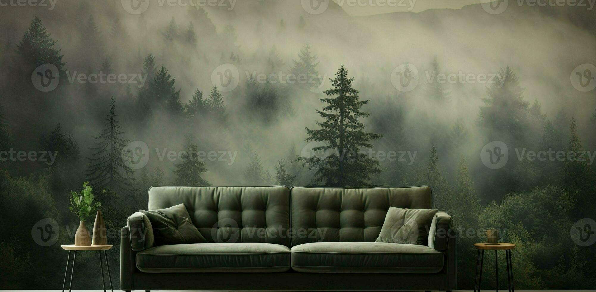 Generative AI, Interior design with couch, sofa and wallpaper of fir forest beautiful landscape in hipster vintage retro style, foggy mountains and trees. photo