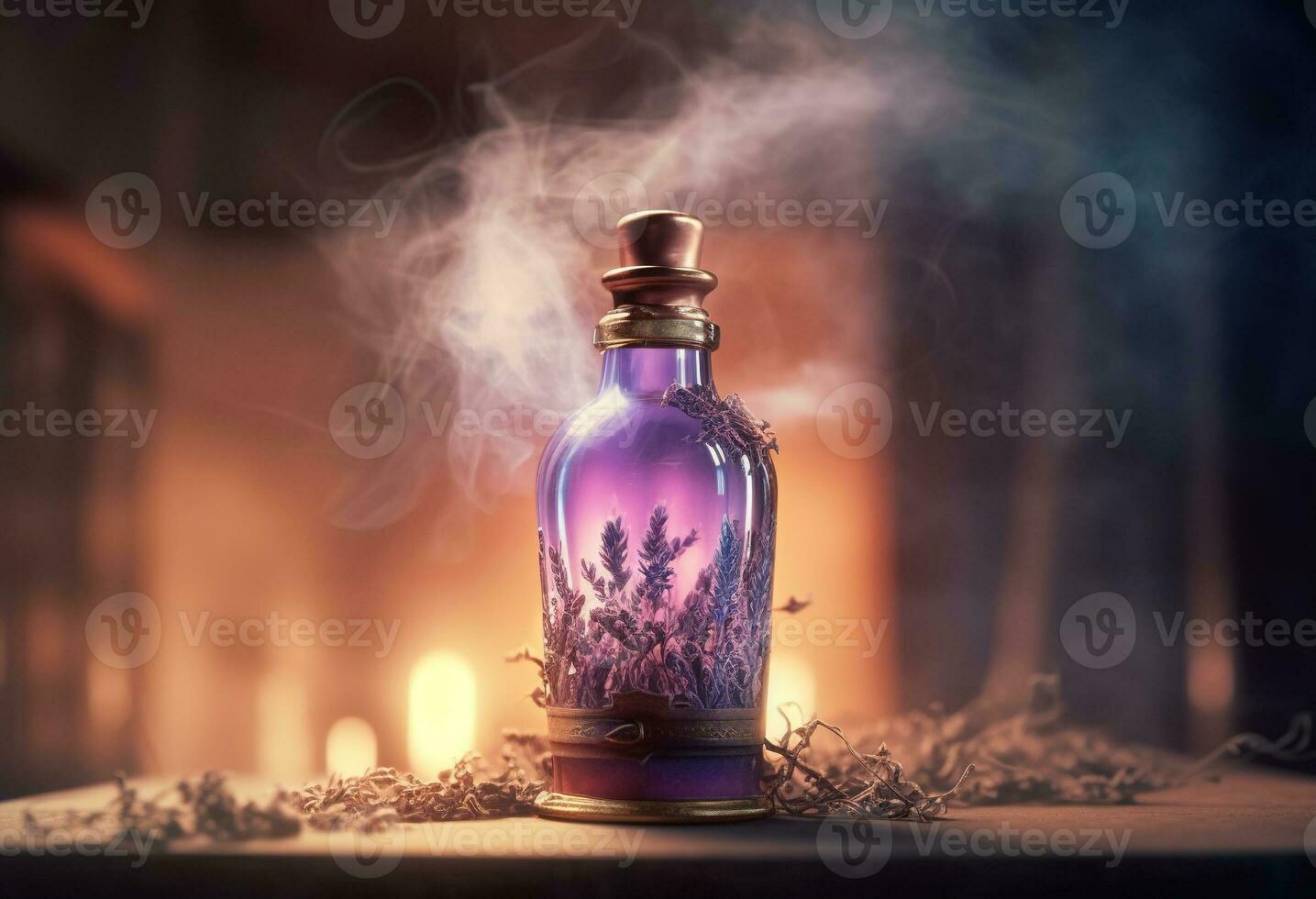 generativo ai, un botella de esencial petróleo con Fresco lavanda leña menuda con fumar en oscuro fondo, herbario petróleo y flores foto