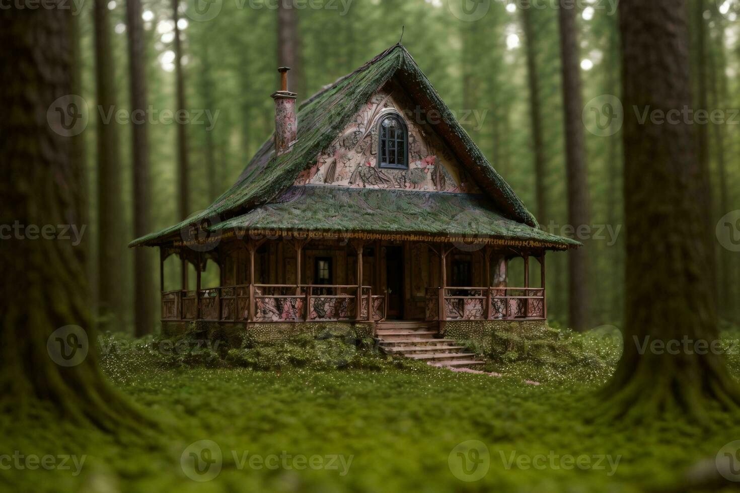 un pequeño cabina en el medio de un bosque. ai generado foto