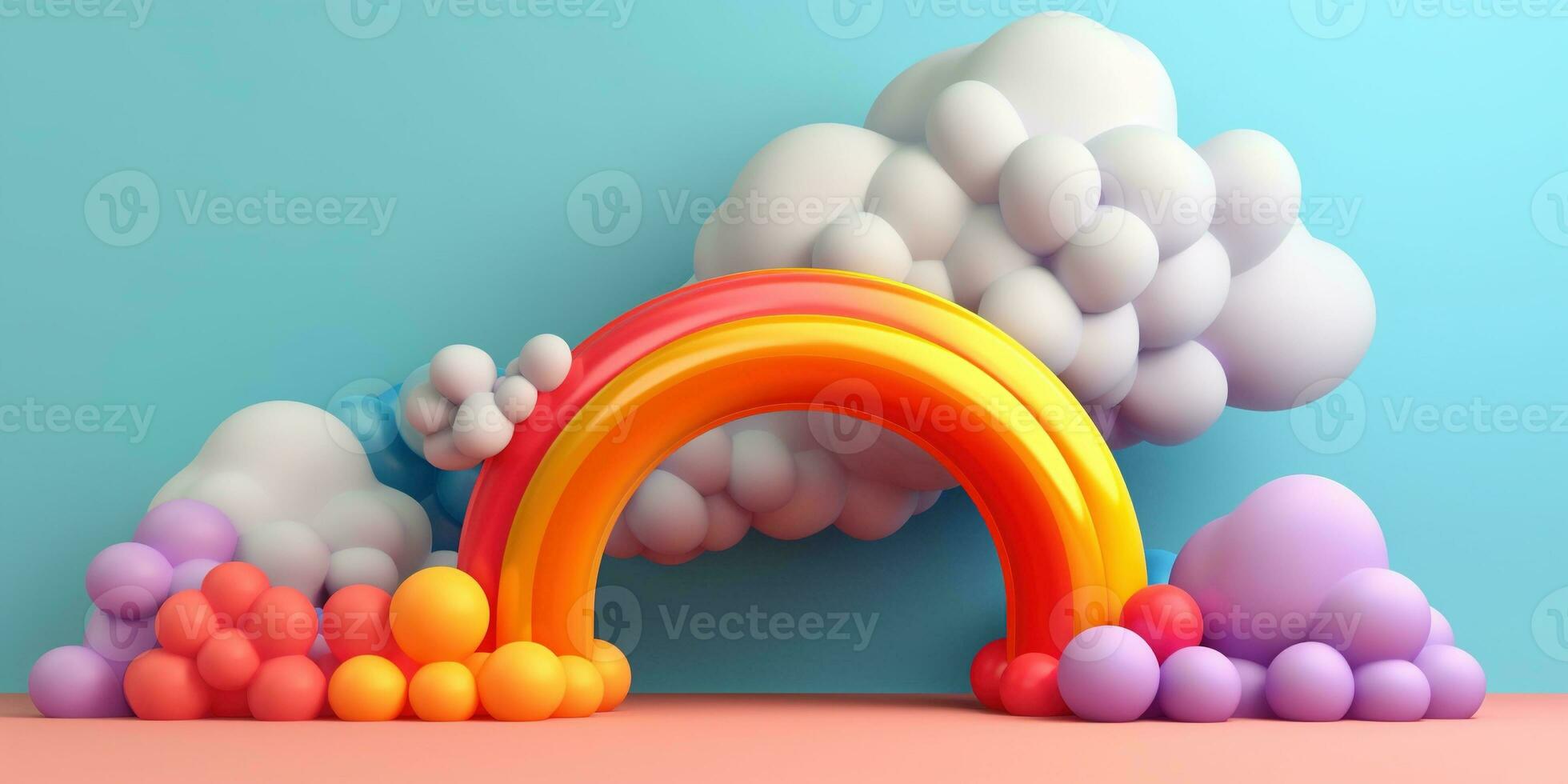 generativo ai, arco iris y vistoso globos cumpleaños fiesta 3d antecedentes. Bosquejo, modelo para saludo tarjeta foto