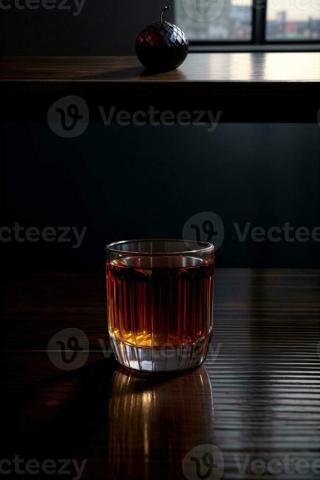 A Glass Filled With Liquid Sitting On Top Of A Wooden Table. AI Generated photo