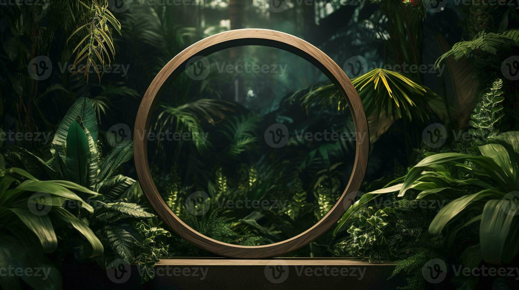 Generative AI, Empty circle wooden frame and tropical leaves on jungle background. For product display. photo