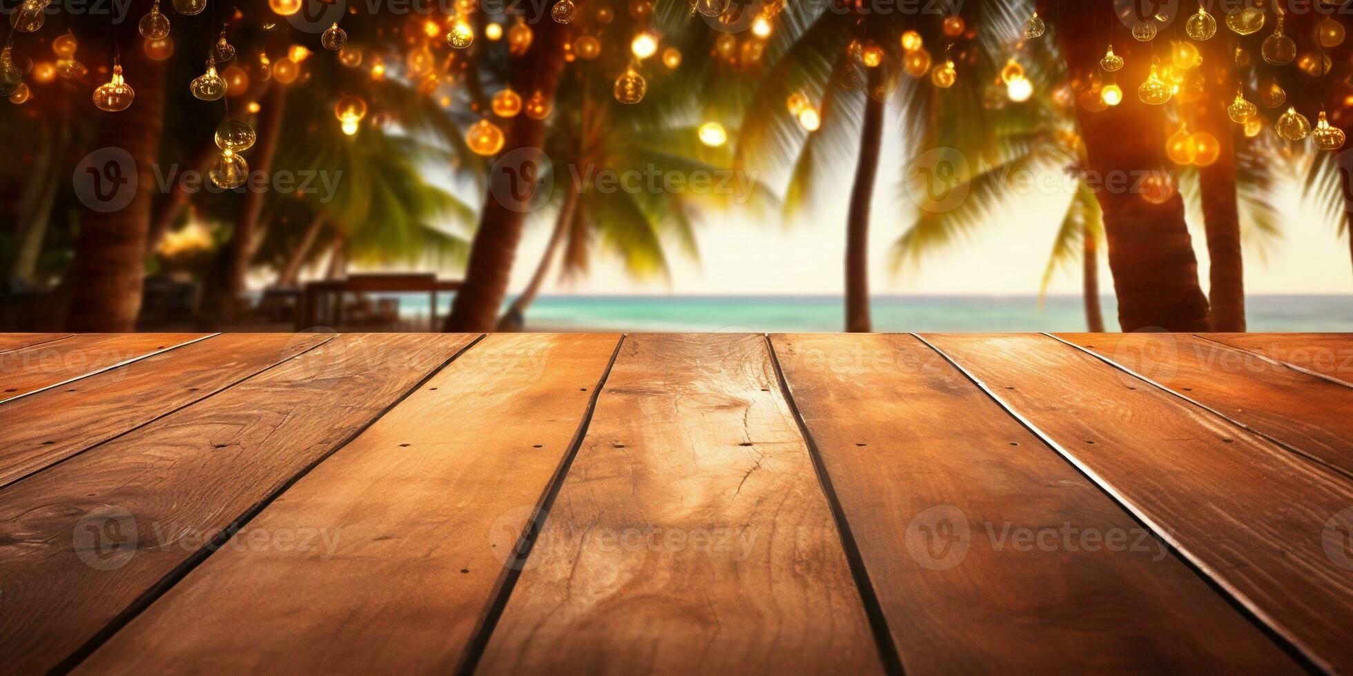 Generative AI, Tropical summer sunset beach bar background. Wooden table top product display showcase empty stage. photo