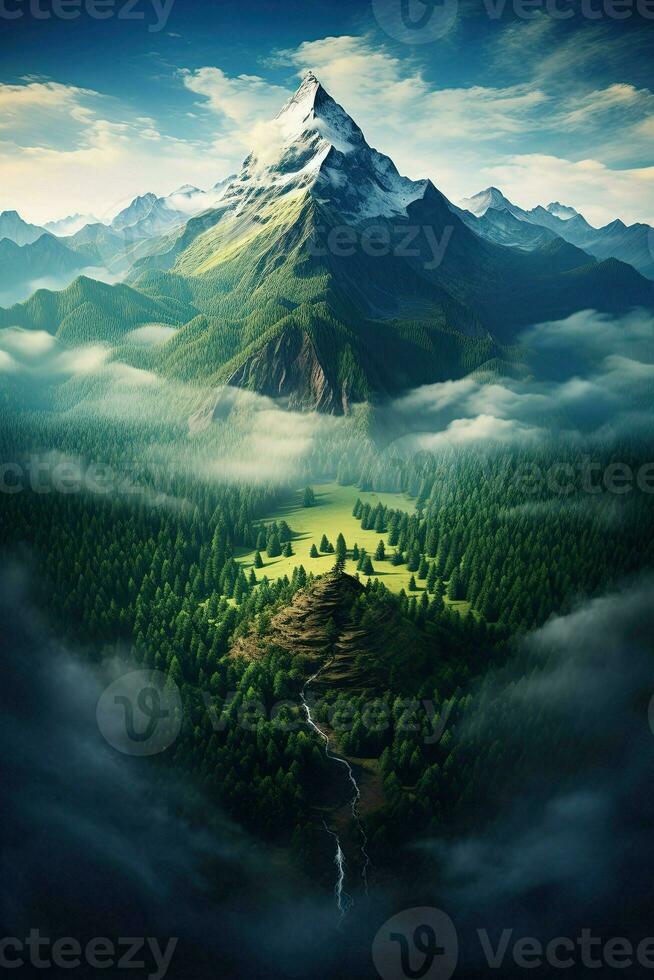 Generative AI, Misty fir forest beautiful landscape in hipster vintage retro style, foggy mountains and trees. photo