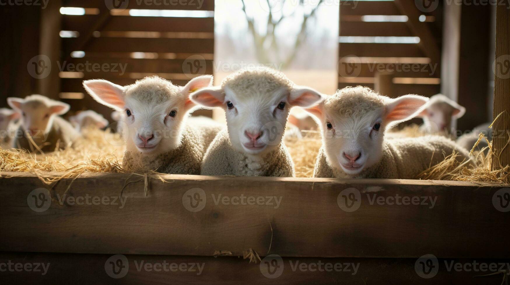 Generative AI, little lambs looking at the camera on a farm, baby sheeps photo