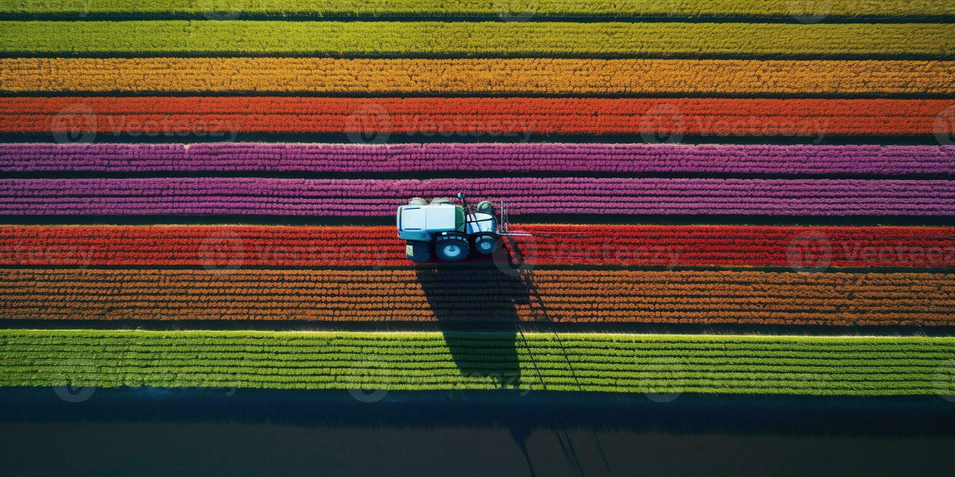 Generative AI, Farm colorful landscape, agricultural fields, beautiful countryside, country road. Nature Illustration, top view drone, horizontal banner. photo