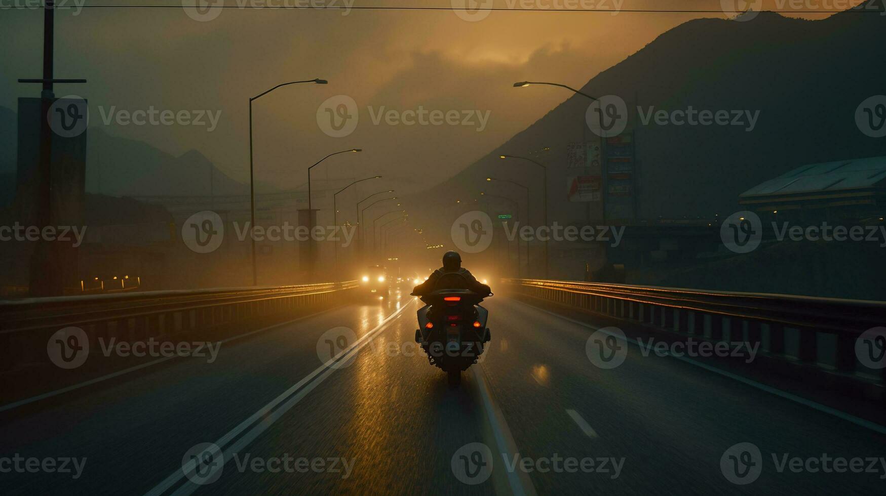 Generative AI, Motorcycle rider on street riding, sunset sky, having fun driving the empty highway on a motorcycle tour journey photo