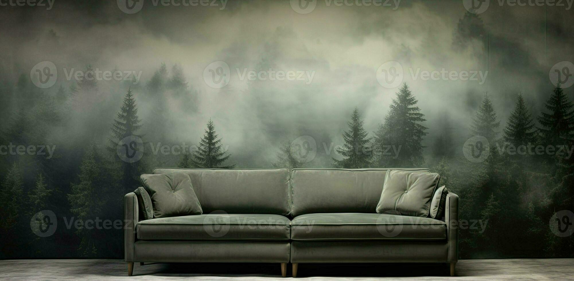 Generative AI, Interior design with couch, sofa and wallpaper of fir forest beautiful landscape in hipster vintage retro style, foggy mountains and trees. photo