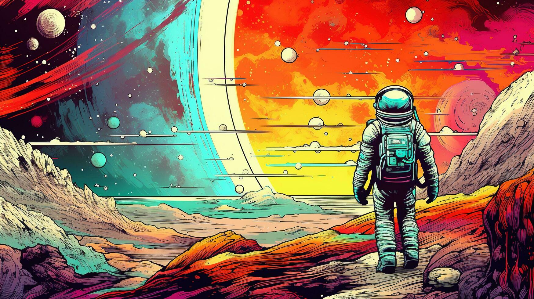 Generative AI, Psychedelic Space banner template, nostalgic 80s, 90s background. Horizontal illustration of the future landscape with mountains, planets, trees, moon. Surrealist escapism concept. photo