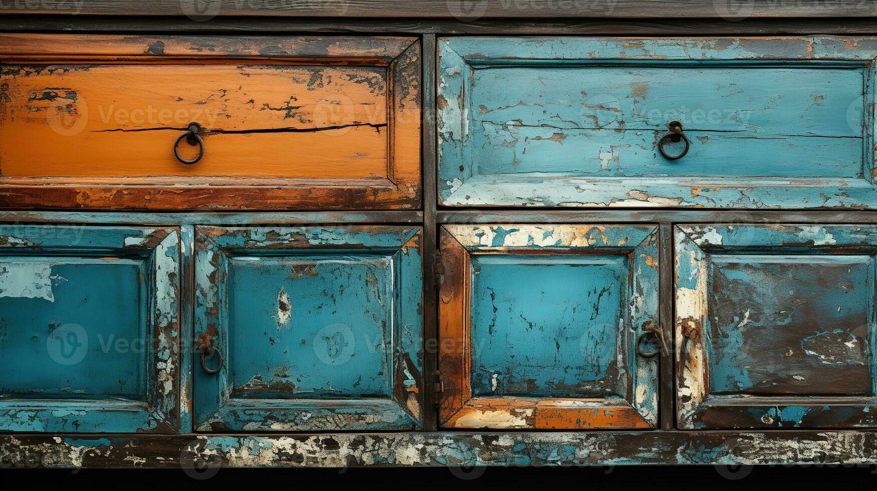 Generative AI, old dresser wooden texture. Blue, turquoise, yellow and orange colors. Vintage grunge background photo