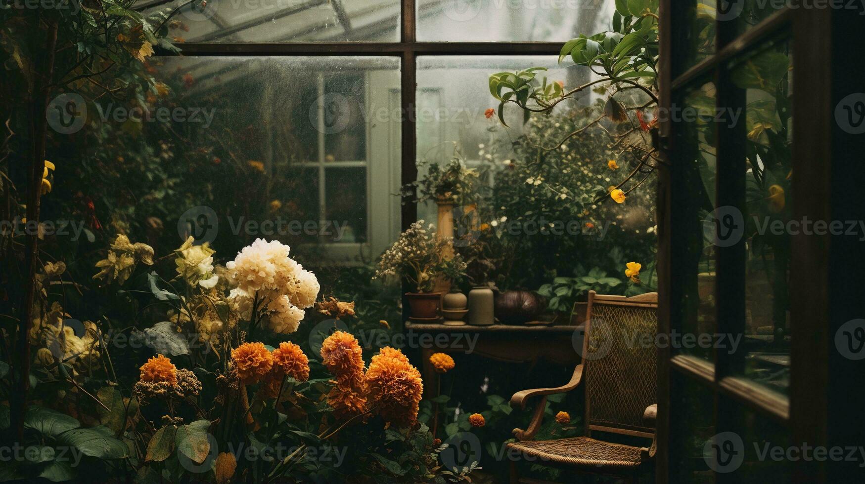 Generative AI, Beautiful aesthetic private garden with many flowers and plants, nature landscape, muted neutral colors photo