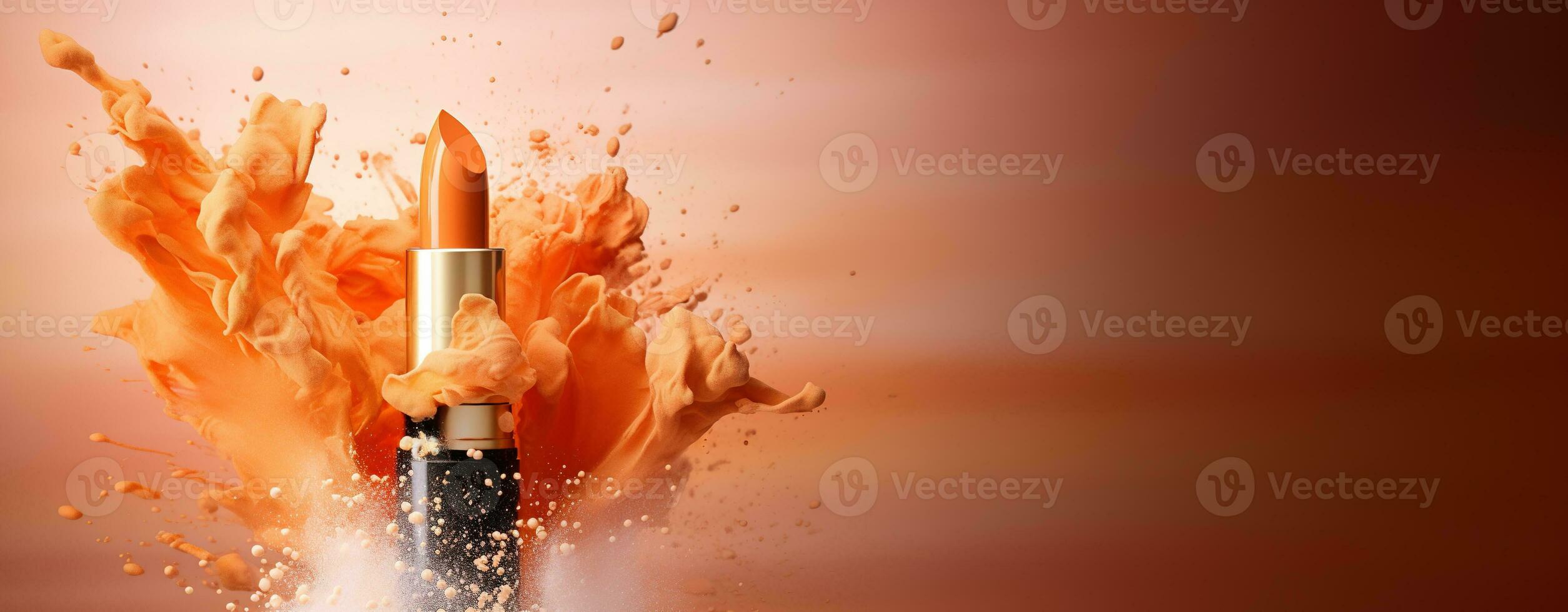 Generative AI, Apricot color lipstick, orange powder splashes and smoke with copy space. photo