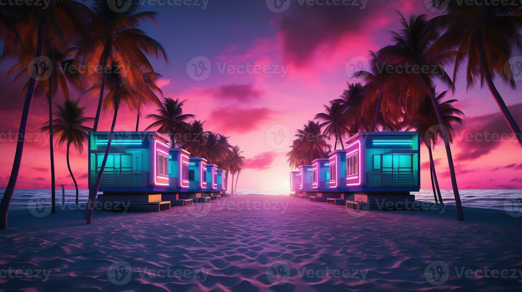 Generative AI, Miami beach huts, Summer Vibes retro illustration. Vintage pink and blue colors, buildings, California palms, 80s style photo