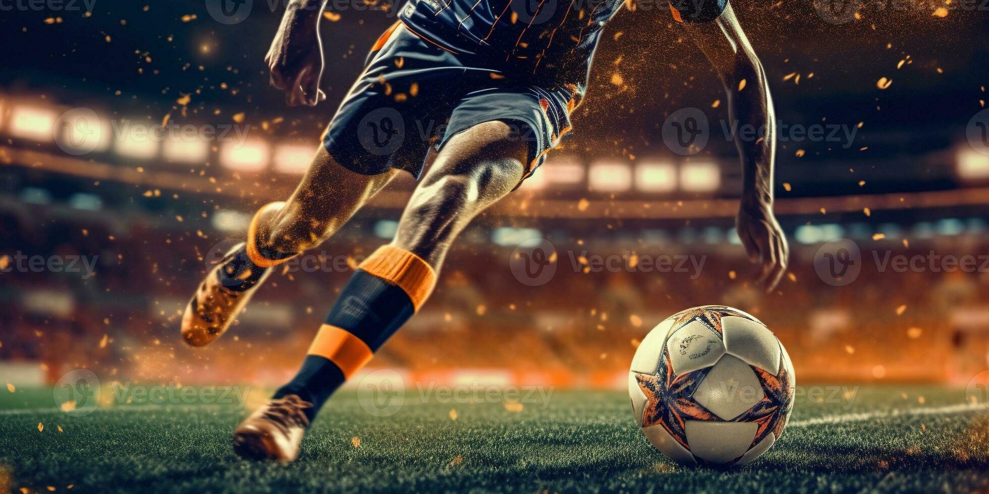 Generative AI, football boot kicking a soccer ball, goal moment on the stadium photo