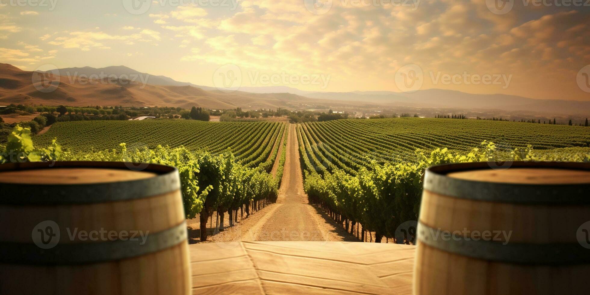 Generative AI, beautiful vineyard, green landscape. Rows of vines on sunset photo