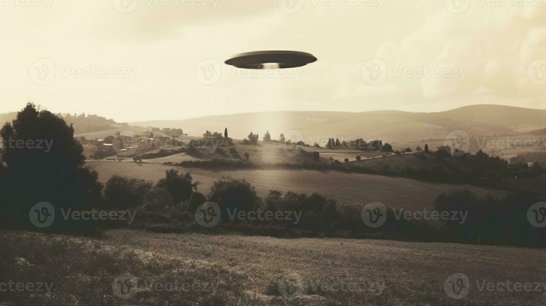 Generative AI, UFO over the Italian landscape vintage photo, aliens witnesses retro 1930s style photography photo