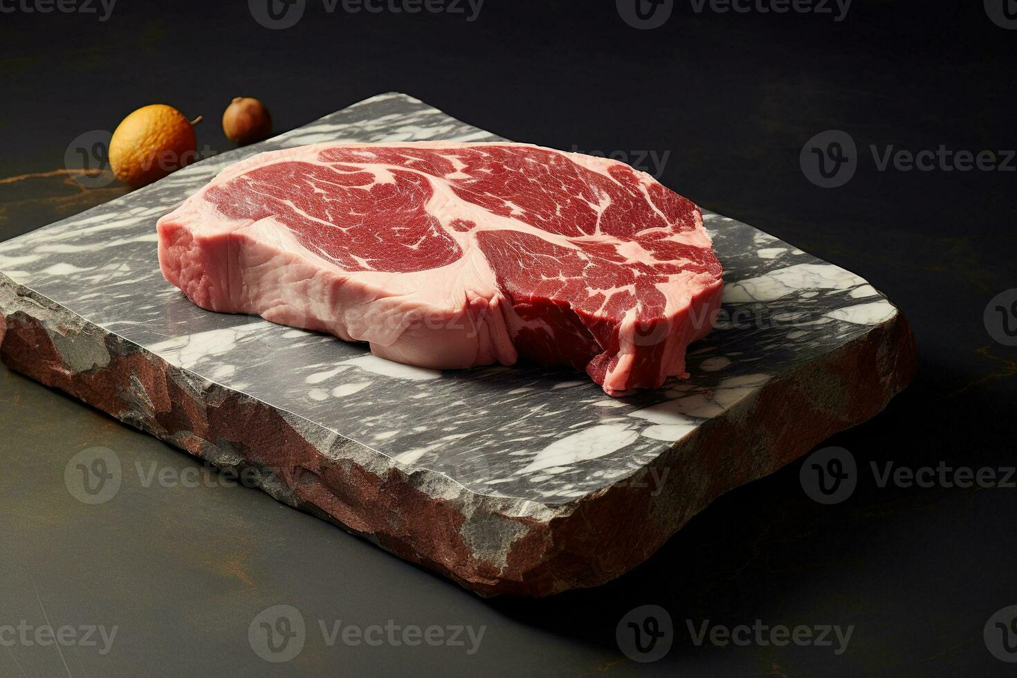 Generative AI, raw fresh ribeye steak on a board on a table prepared for the grill, cowboy steak with rosemary and pepper photo