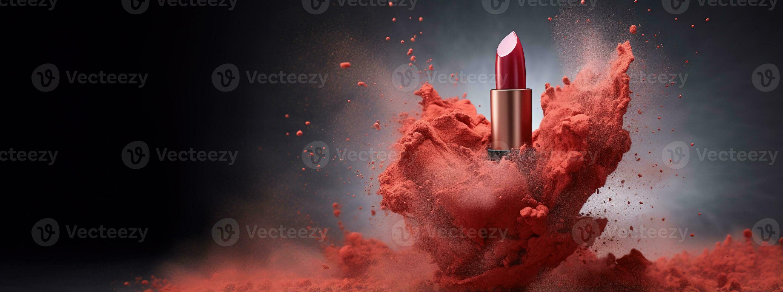 Generative AI, Red lipstick, powder splashes and smoke with copy space. photo