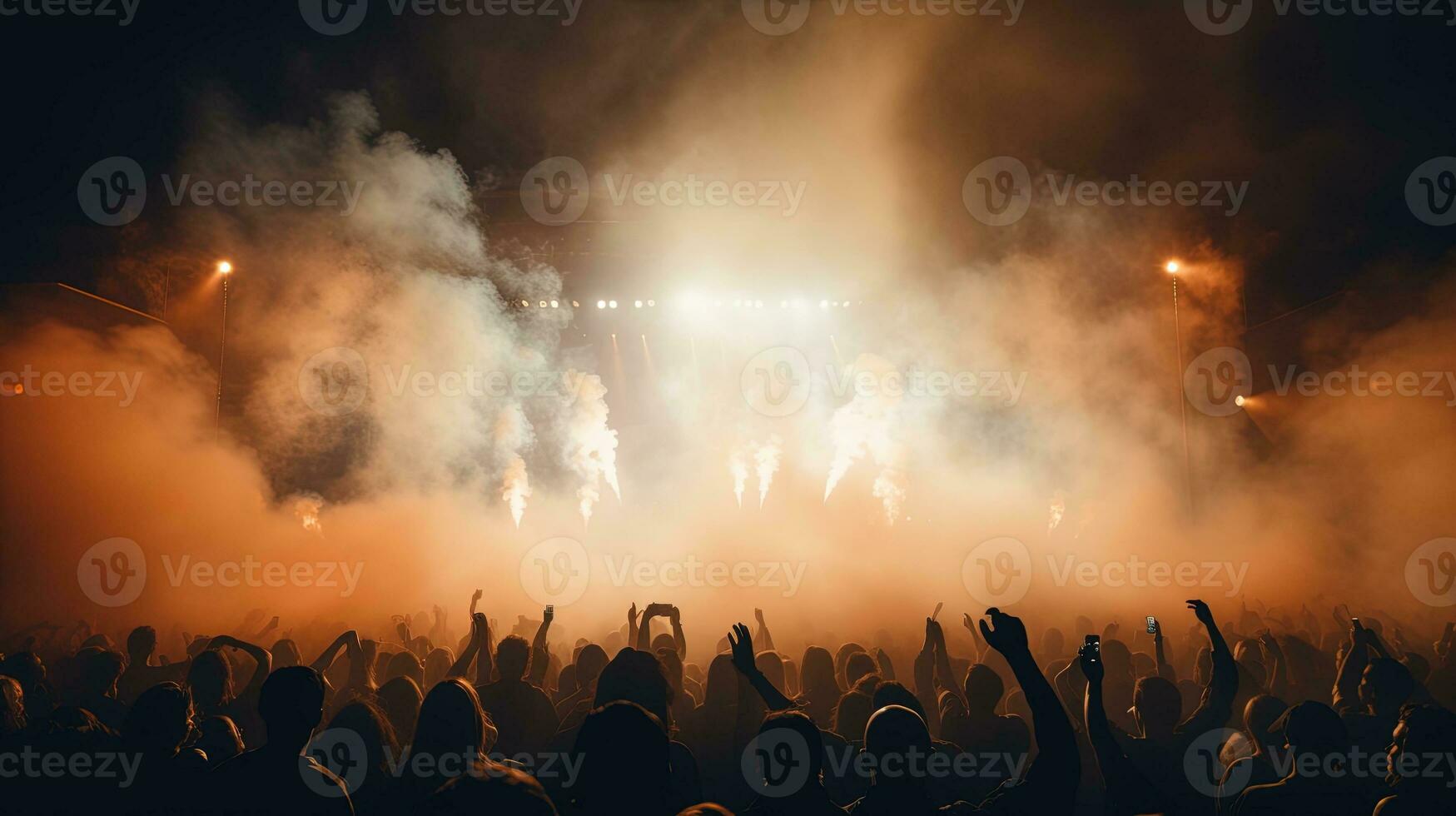 Generative AI, People crowd on music rock festival concert in stadium, big stage lit by spotlights. photo