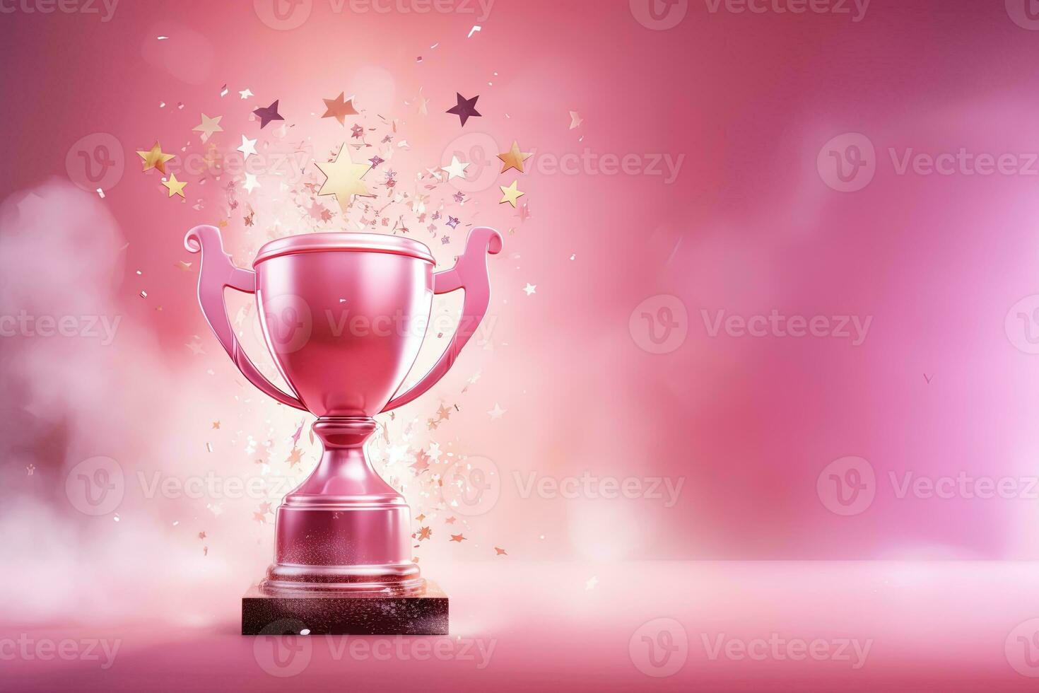 Generative AI, Winner trophy with flames, pink golden champion cup with falling confetti on pink background photo