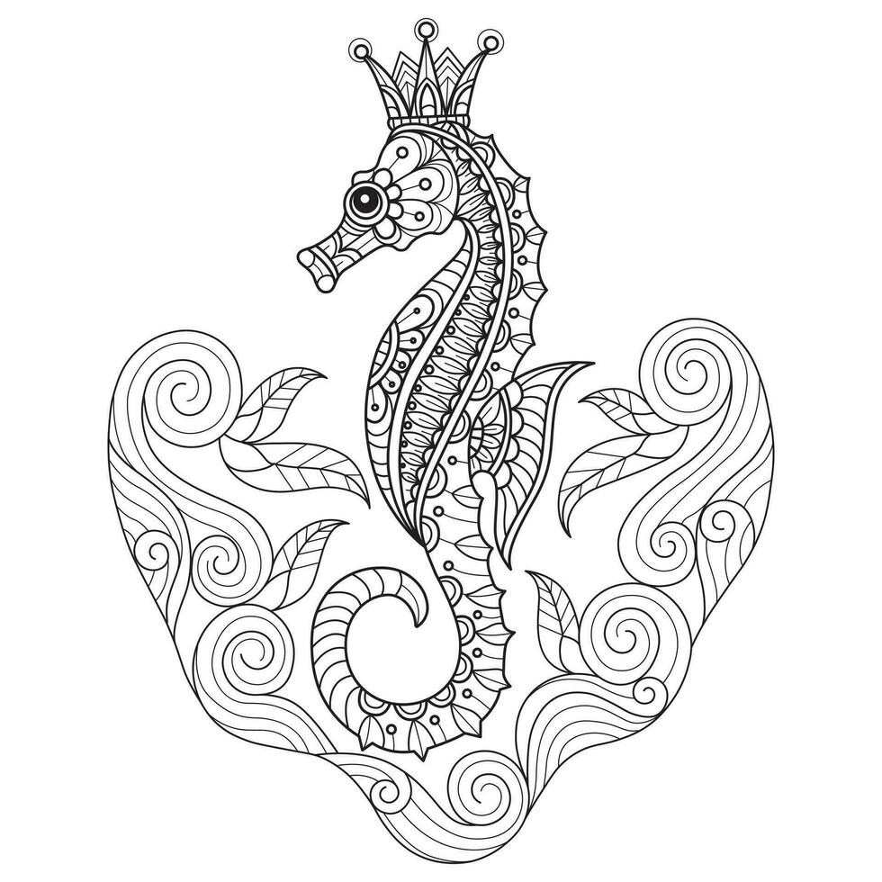 Seahorse  and sea waves hand drawn for adult coloring book vector