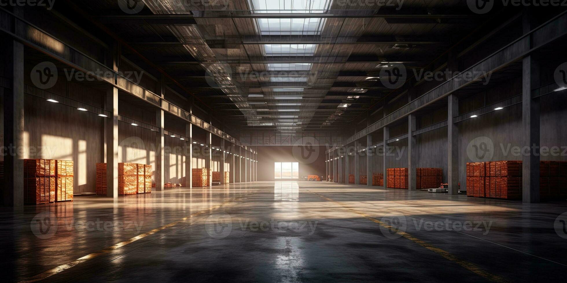 Generative AI, Warehouse interior with LED lighting, industry building, distribution retail center, part of storage and shipping system. photo