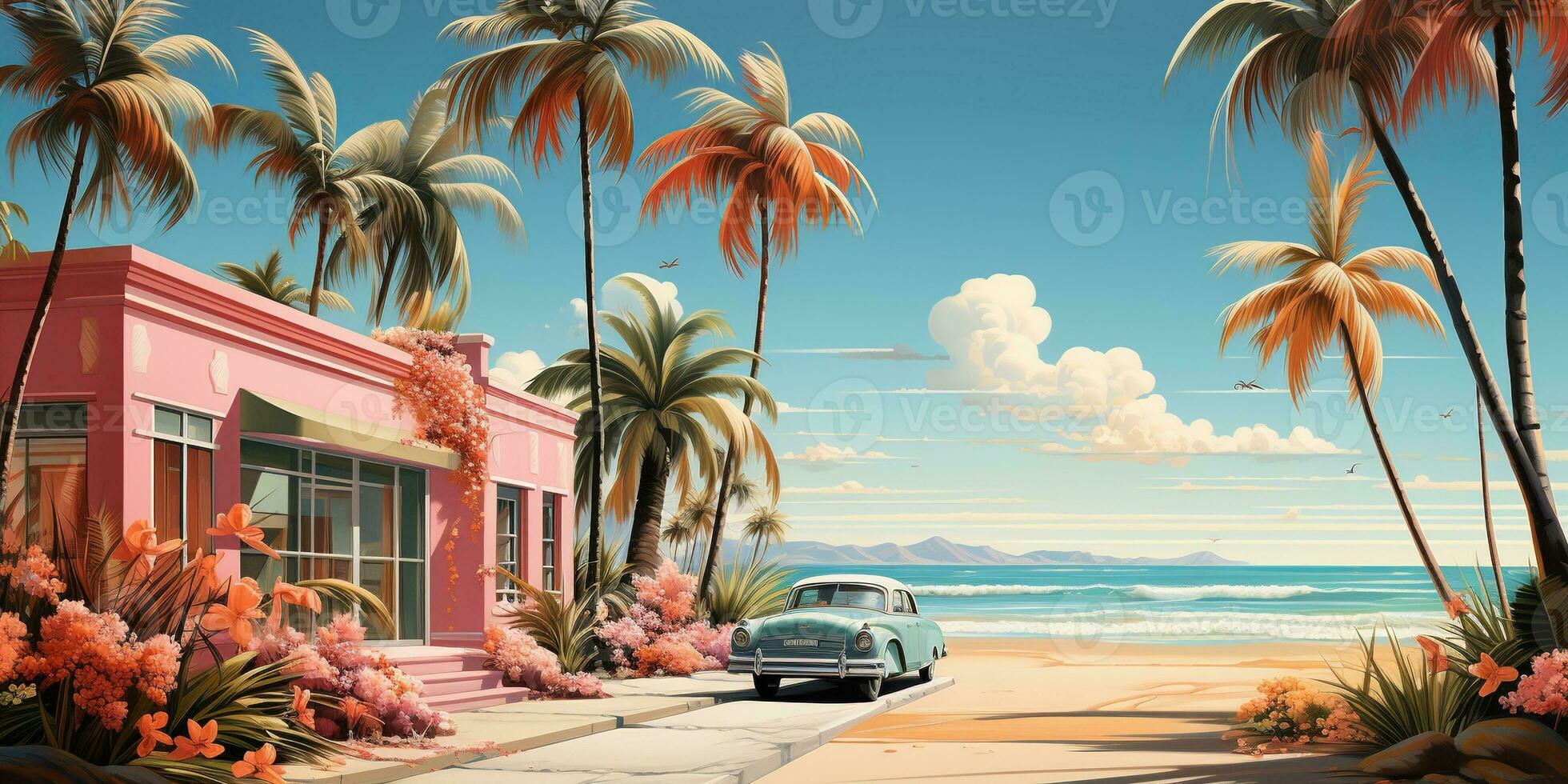 Generative AI, Miami Summer Vibes retro flat Matisse illustration. Vintage pink and blue colors, buildings, California palms, 80s style photo