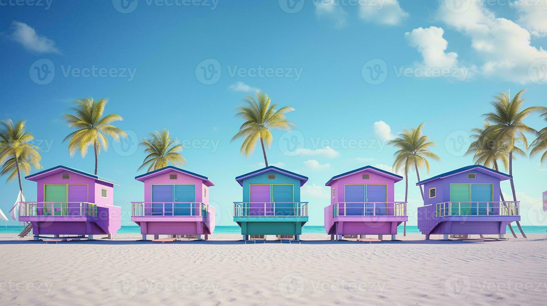 Generative AI, Miami beach huts, Summer Vibes retro illustration. Vintage pink and blue colors, buildings, California palms, 80s style photo