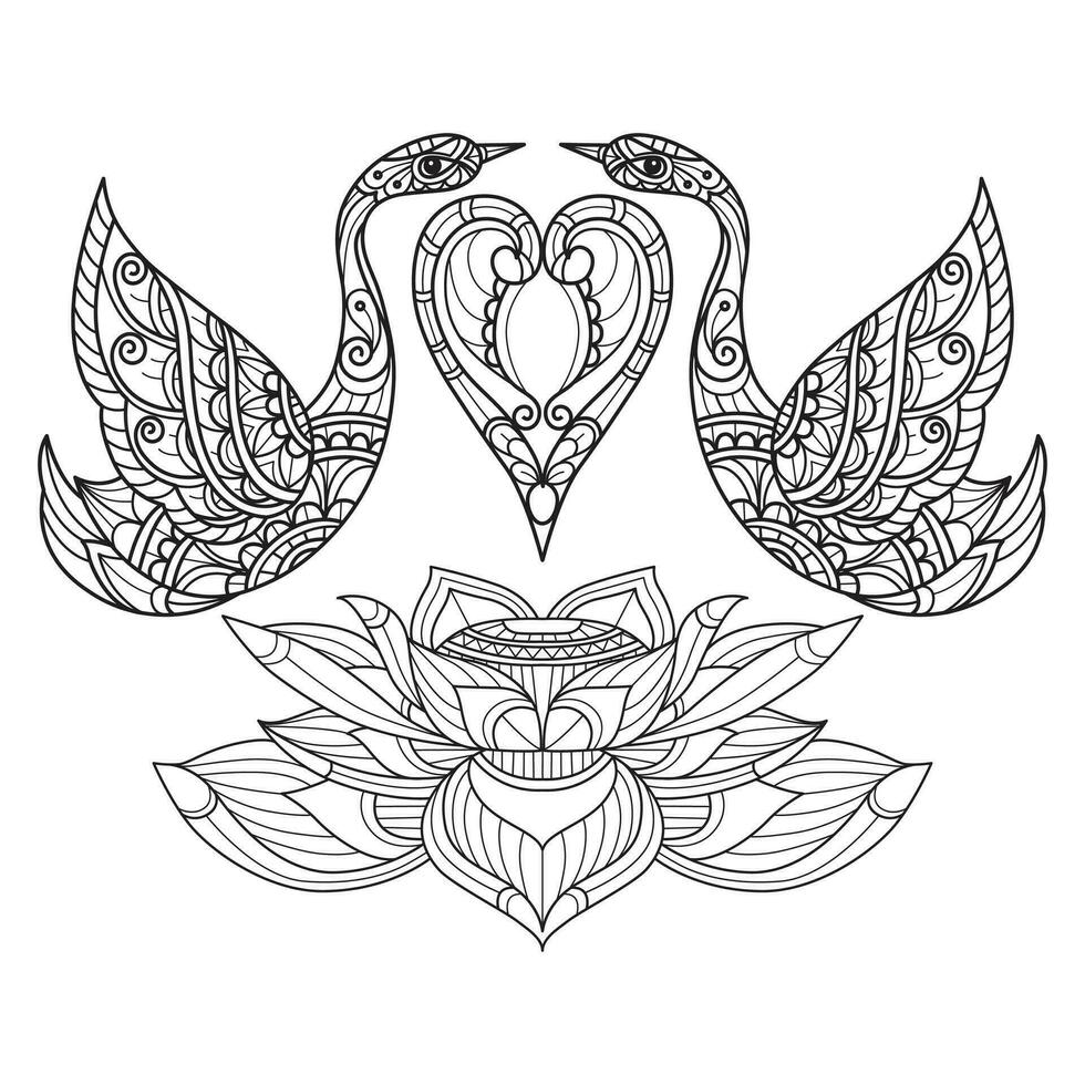 Swan and lotus hand drawn for adult coloring book vector