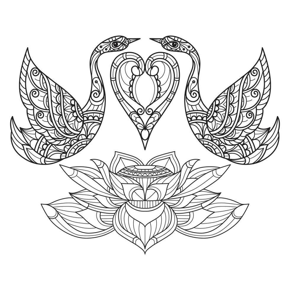 Swan and lotus hand drawn for adult coloring book vector