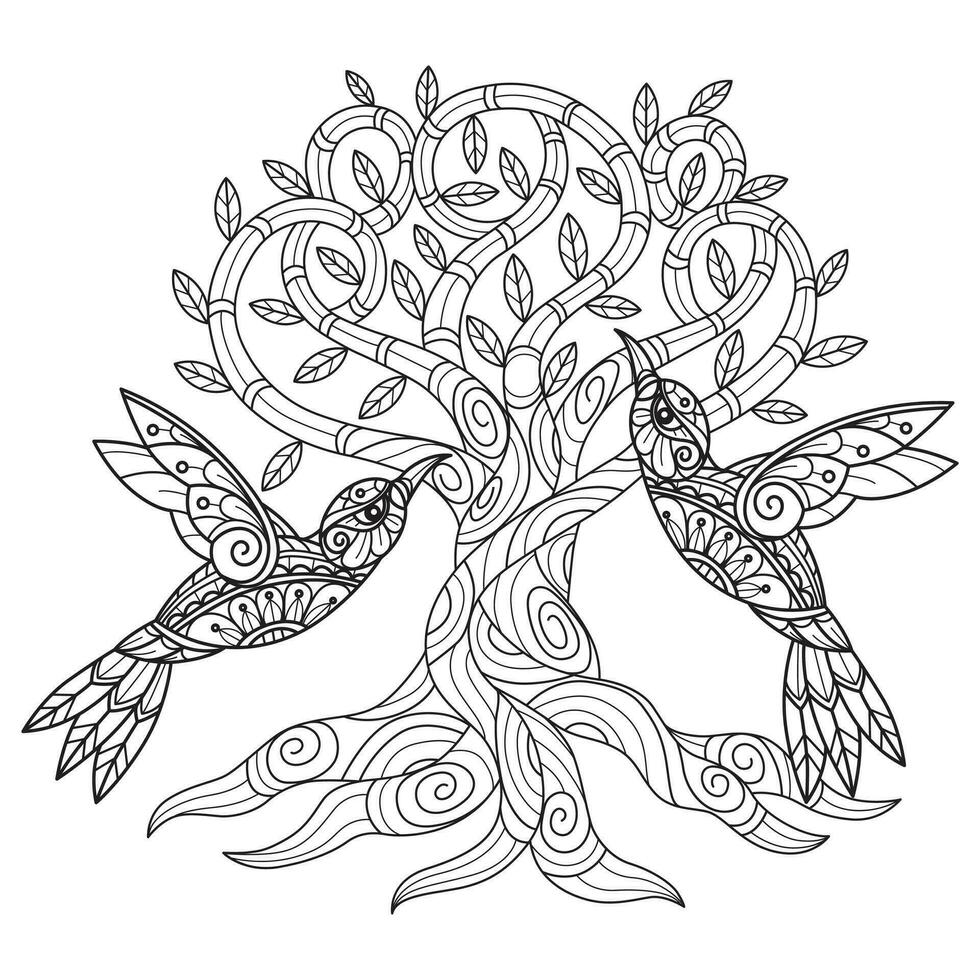 árbol y pájaro mano dibujado para adulto colorante libro vector