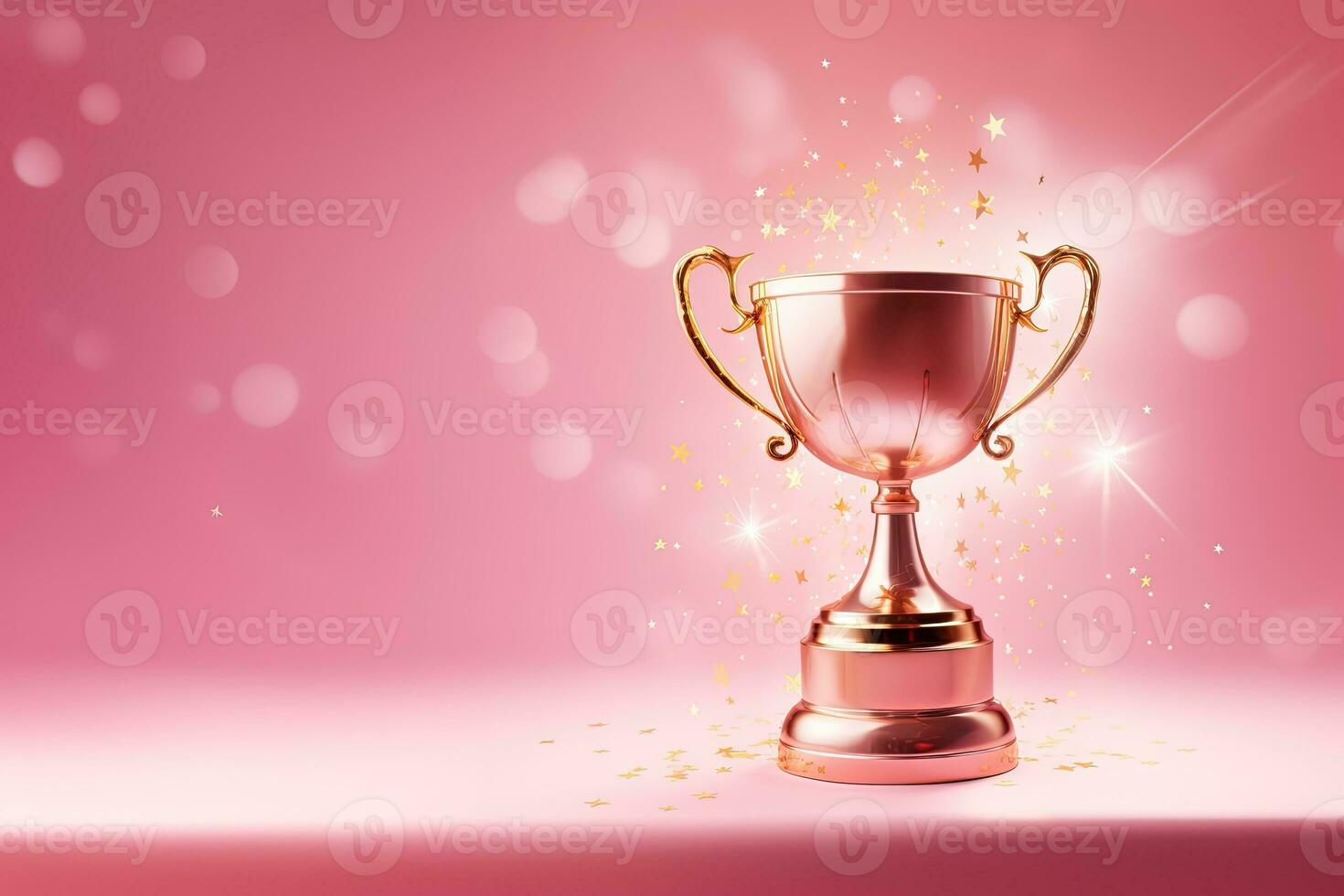 Generative AI, Winner trophy with flames, pink golden champion cup with falling confetti on pink background photo