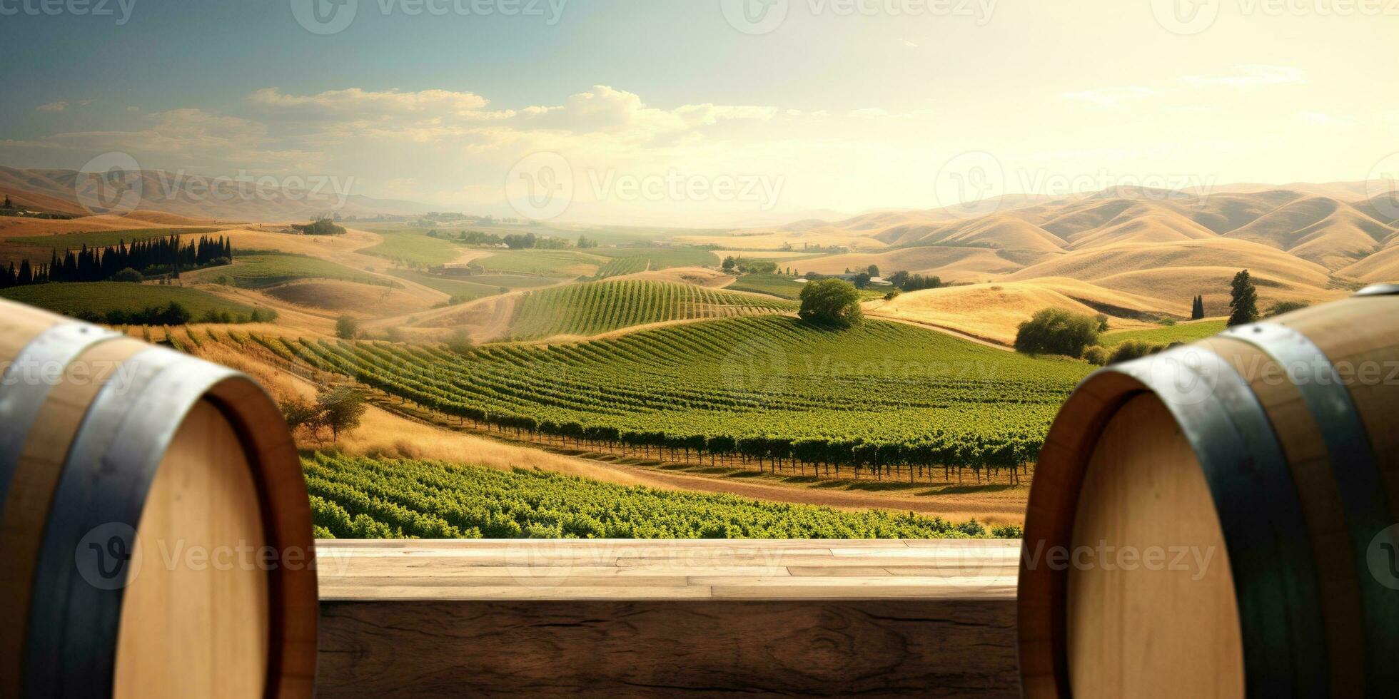 Generative AI, beautiful vineyard, green landscape. Rows of vines on sunset photo