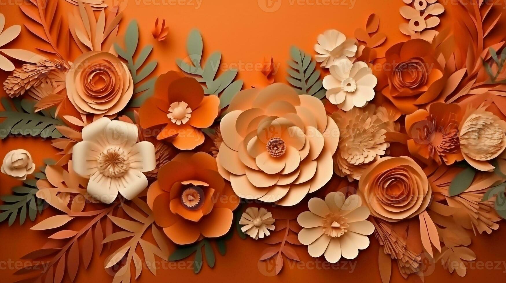 Generative AI, Paper cut craft flowers and leaves, apricot crush orange color, origami textured background, spring mood. Floral frame layout. photo