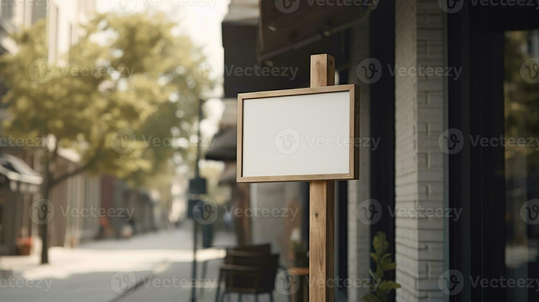 Generative AI, coffee shop street signboard mock up for logo design, brand presentation, aesthetic muted neutral colors, on the wall outdoor photo