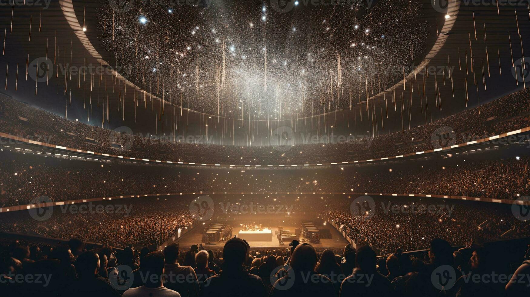 Generative AI, People crowd on music rock festival concert in stadium, big stage lit by spotlights. photo