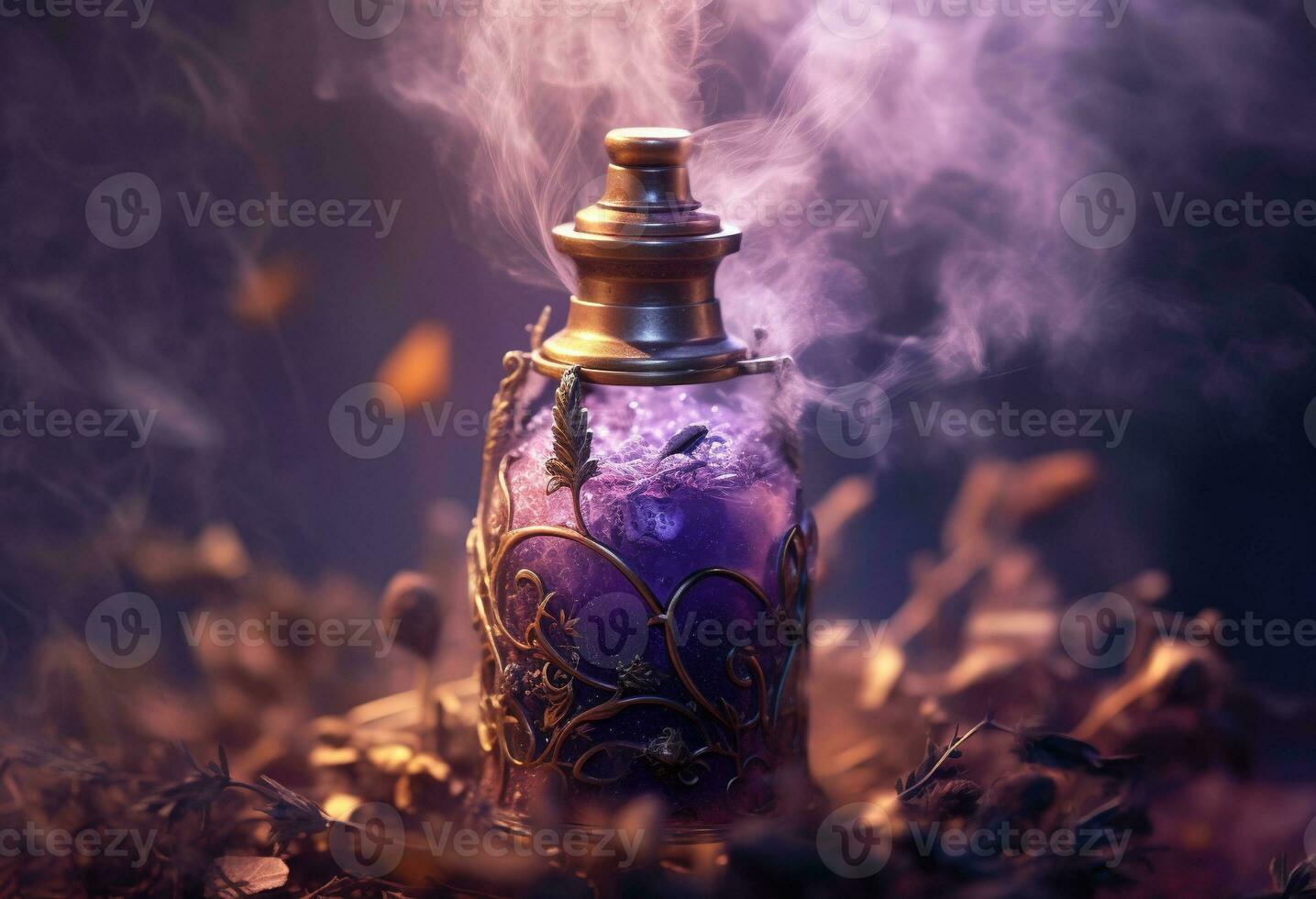 Generative AI, A bottle of essential oil with fresh lavender twigs withh smoke on dark background, herbal oil and flowers photo