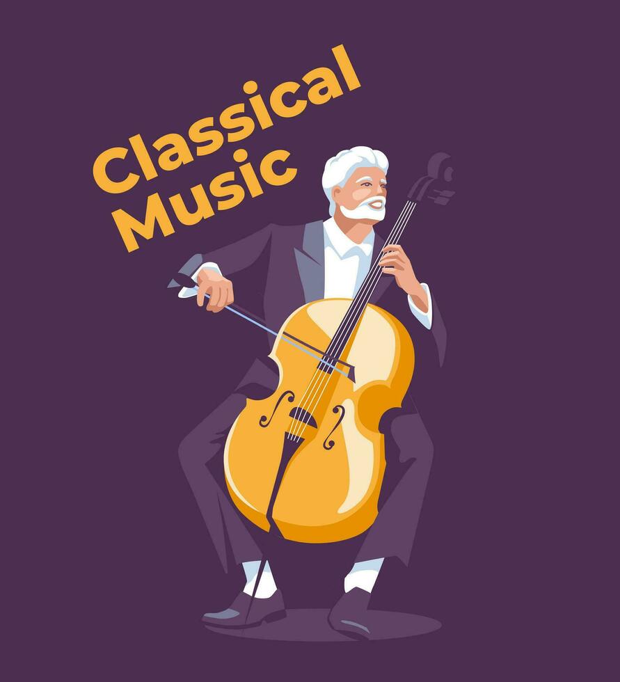 Single cellist in tuxedo isolated on purple background. Concert and musical show. Classical music. Vector flat illustration