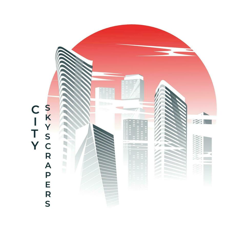 skyscrapers in the clouds on the background of the sunset. Vector illustration