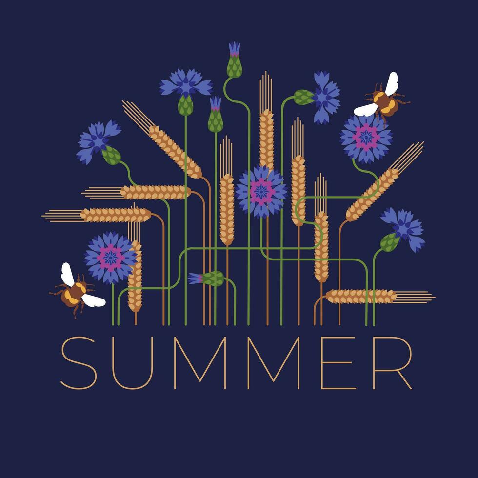 ears of corn and cornfields. Ukrainian summer symbols. Geometric compositions of plants on a dark background. Vector flat illustration